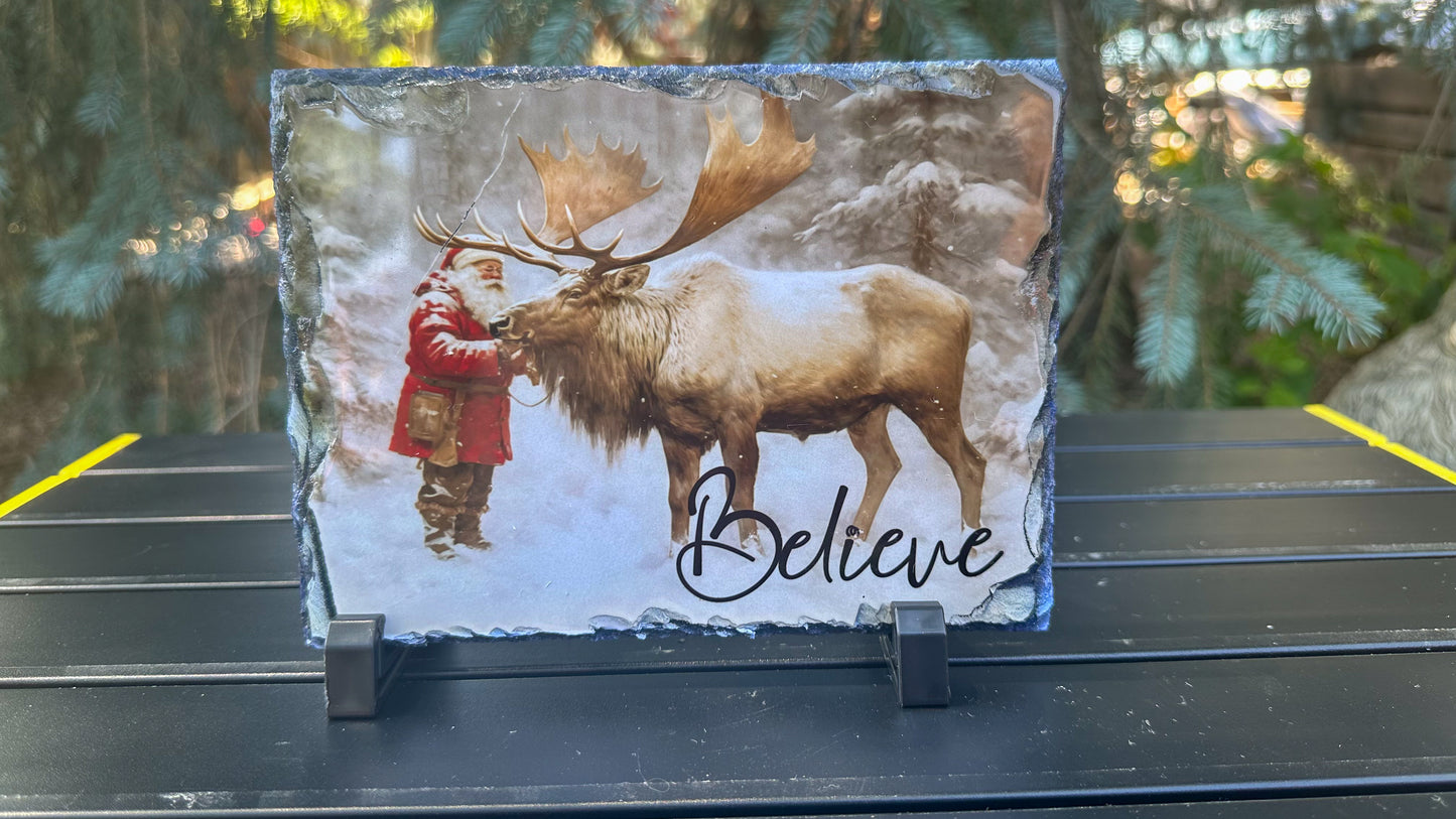 Santa Claus with Reindeer Decorative Plaque, Christmas Slate, Christmas Believer Gift