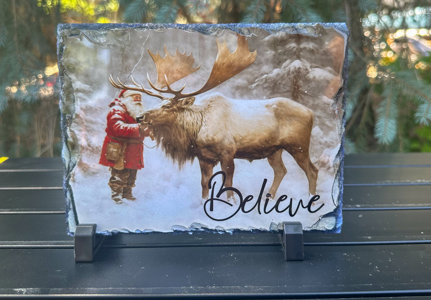 Santa Claus with Reindeer Decorative Plaque, Christmas Slate, Christmas Believer Gift