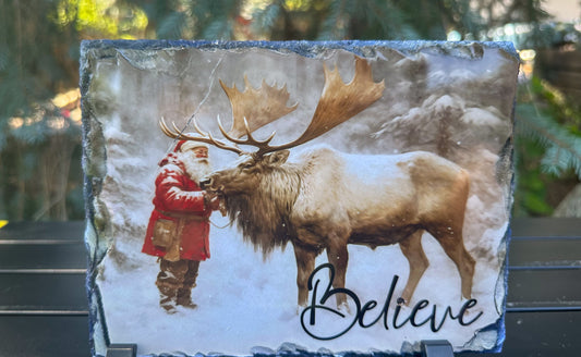 Santa Claus with Reindeer Decorative Plaque, Christmas Slate, Christmas Believer Gift