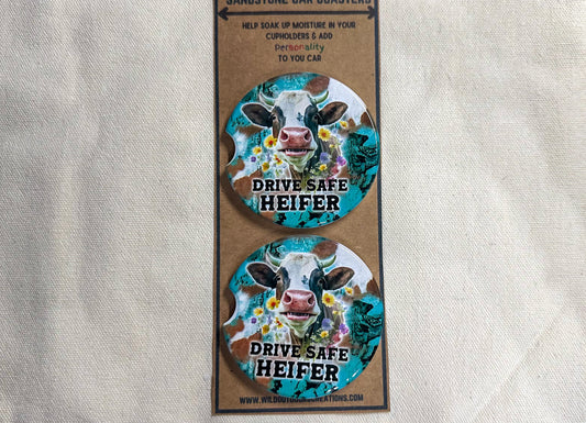 Drive Safe Heifer Car Coaster Set, Stocking Stuffer for Cow Lover, New Car Gift