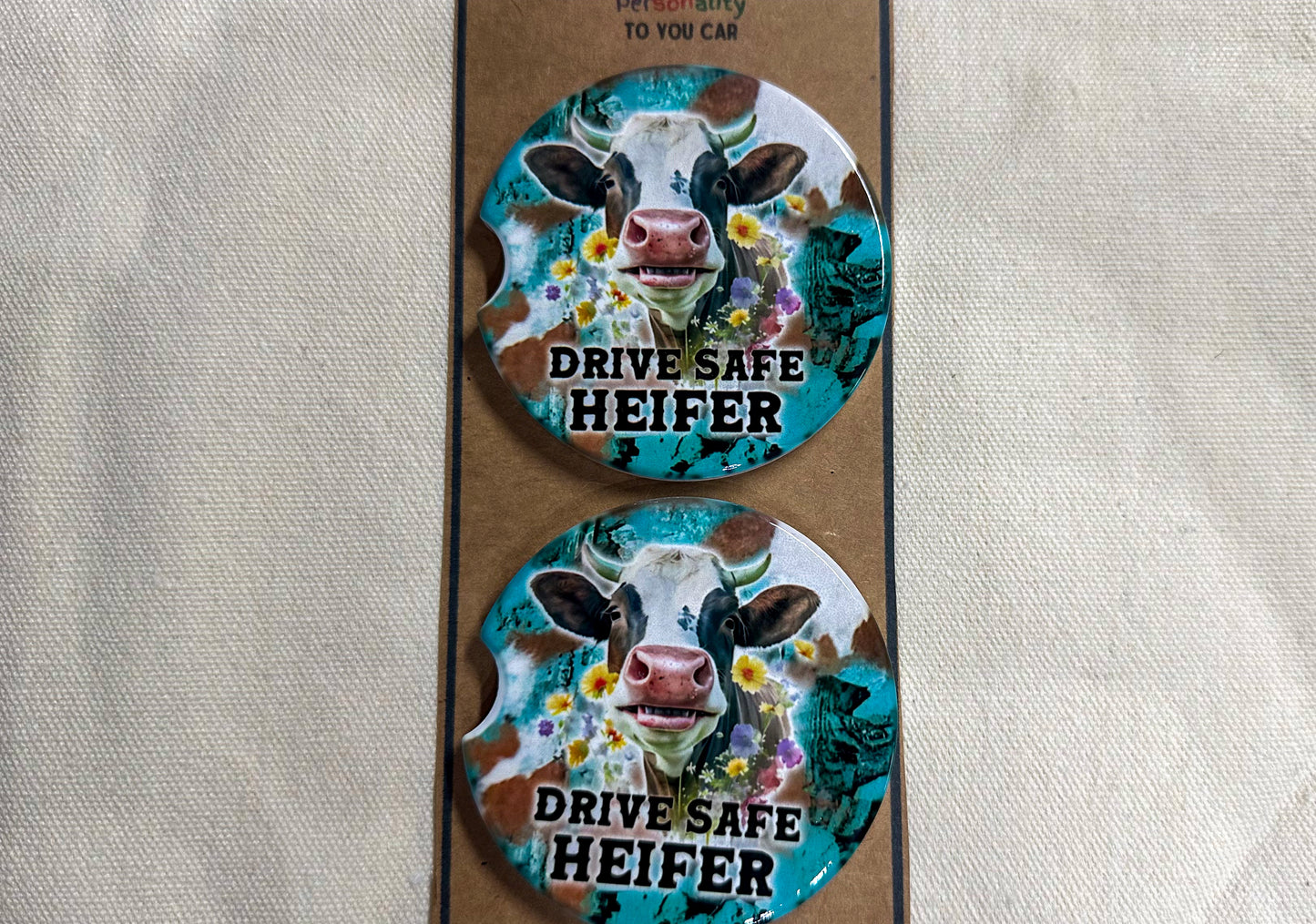 Drive Safe Heifer Car Coaster Set, Stocking Stuffer for Cow Lover, New Car Gift