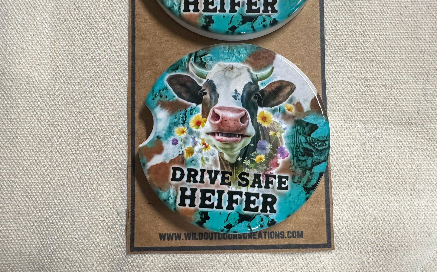 Drive Safe Heifer Car Coaster Set, Stocking Stuffer for Cow Lover, New Car Gift