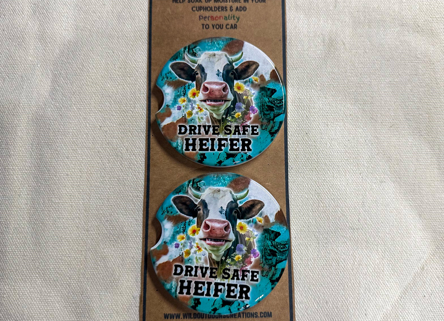 Drive Safe Heifer Car Coaster Set, Stocking Stuffer for Cow Lover, New Car Gift