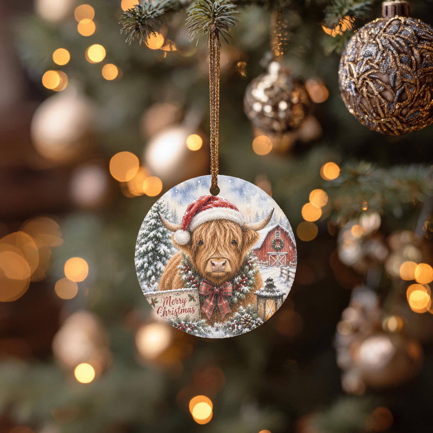 Highland Cow Ornament, Round Ceramic, 3 Inch Winter Barn Scene