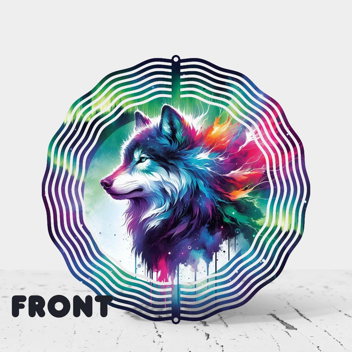 Double-Sided Wolf Profile Wind Spinner with Northern Lights Mountain Scene - Outdoor Art 10x10