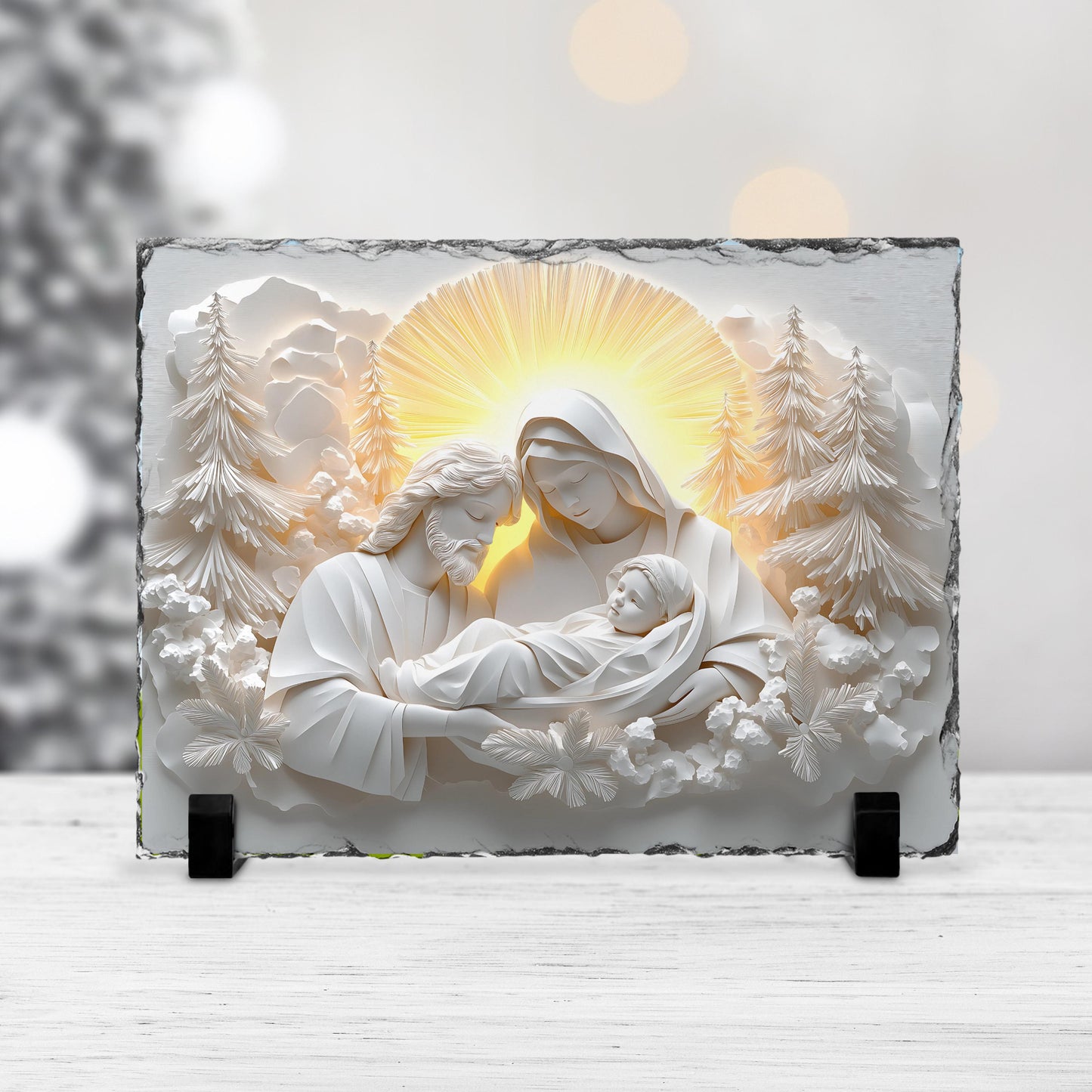 Fractured Edges Slate Plaque - 3D Nativity Scene with Mary Joseph  Baby Jesus