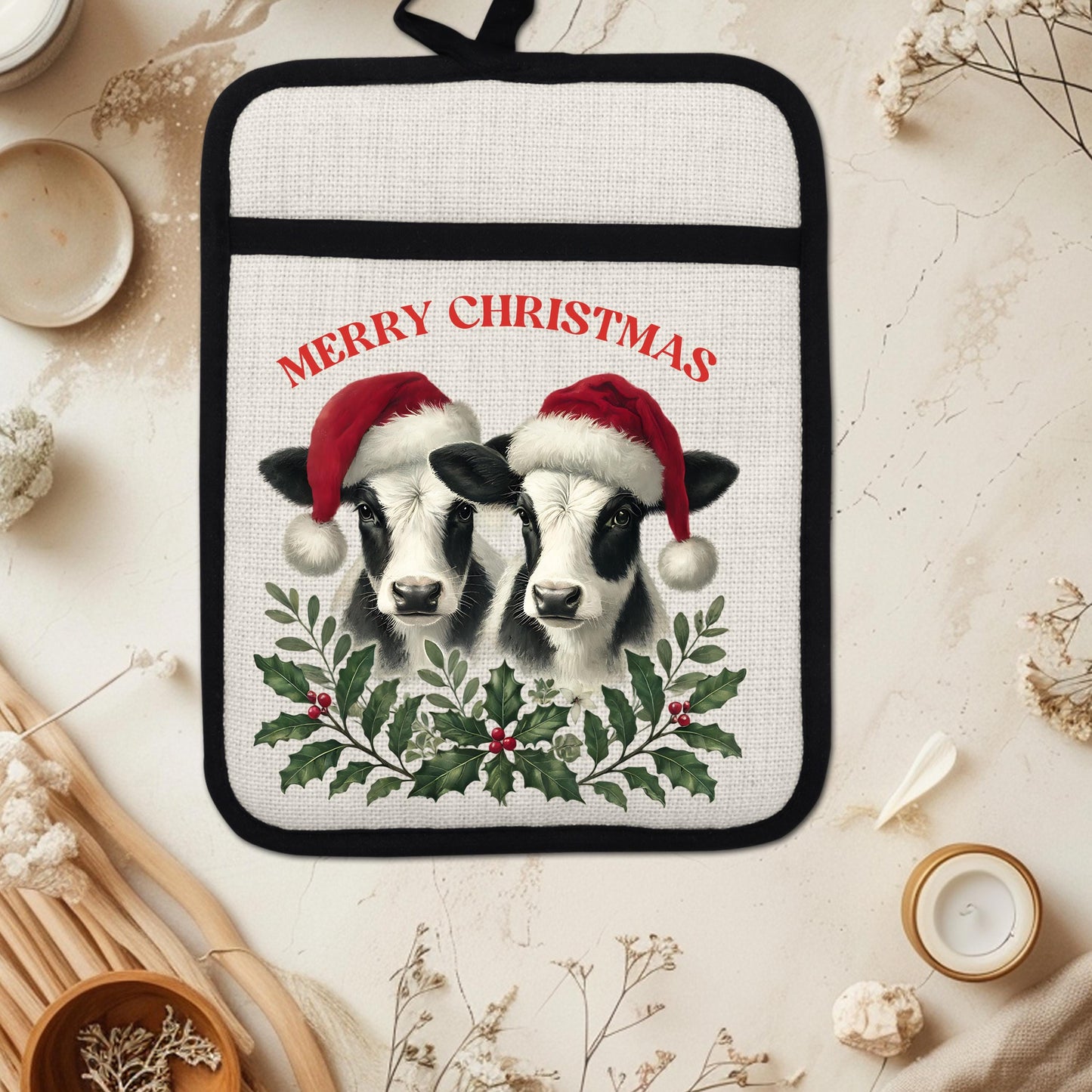 Christmas Cow Pot Holder with Santa Hats - Rustic Black  White Farmhouse Kitchen Decor