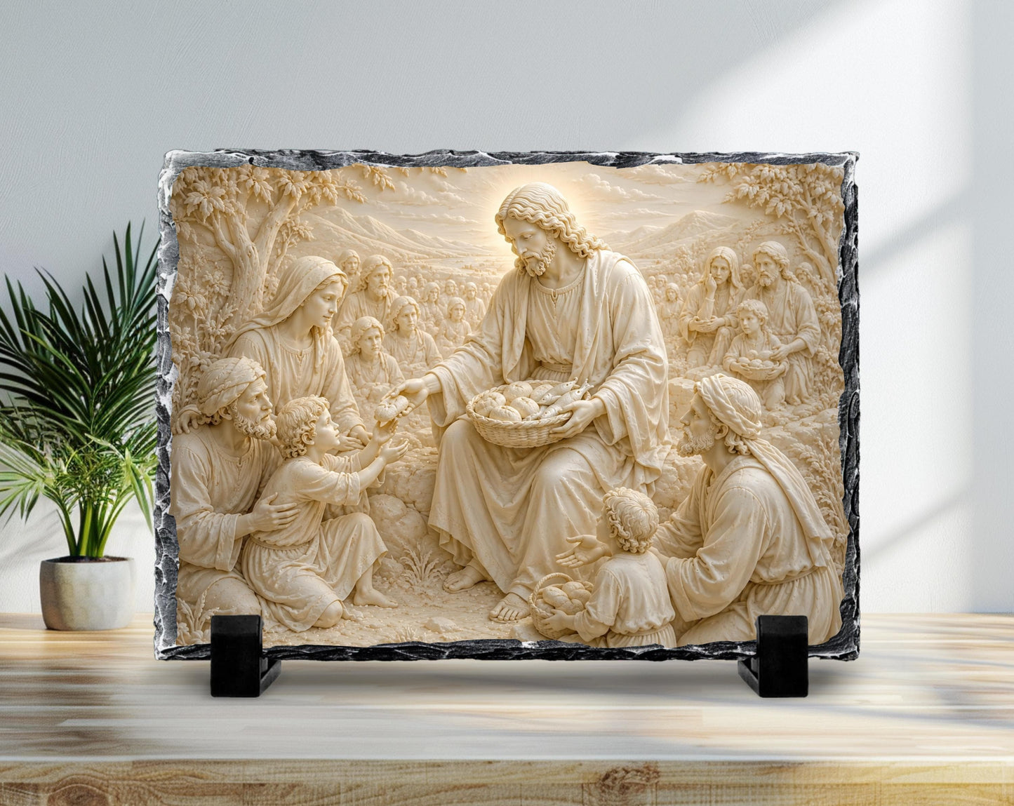 Jesus Feeding the 5000 Slate Plaque, Loaves Fishes Miracle Religious Decor, Christian Gift