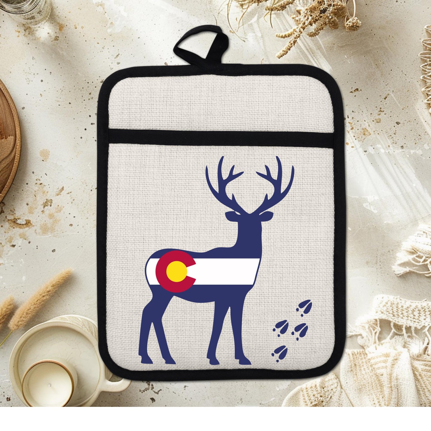 Colorado Deer Pot Holder - Linen Fabric, Silicone Back Trivet with Pocket Grip