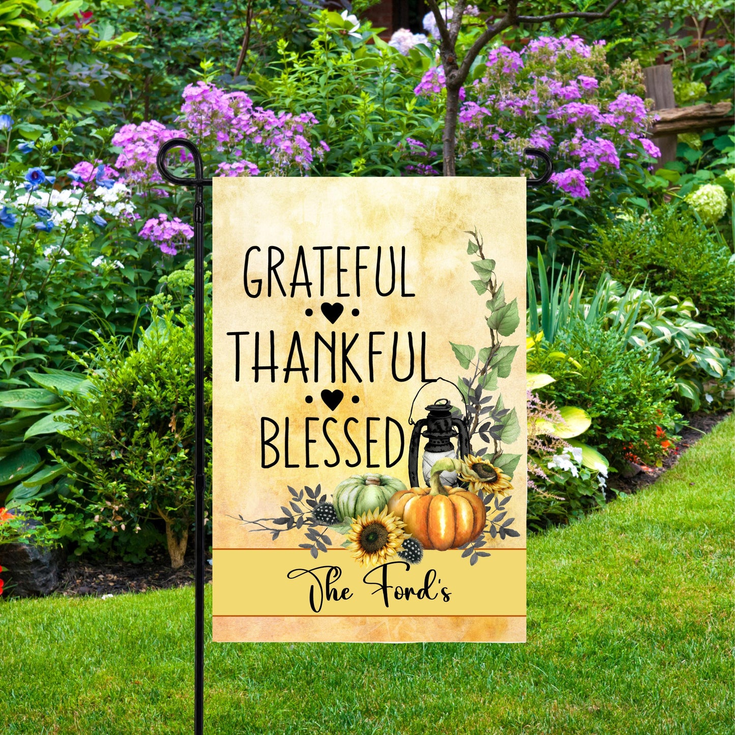 Personalized Fall Garden Flag - Grateful Thankful Blessed - Unique Housewarming Gift