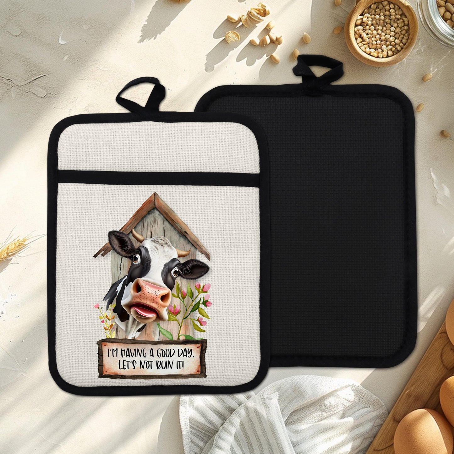 Rustic Funny Cow Pot Holder with Silicone Back  Hanging Loop - 9x7 Linen Hot Pad for Barn Kitchen Decor