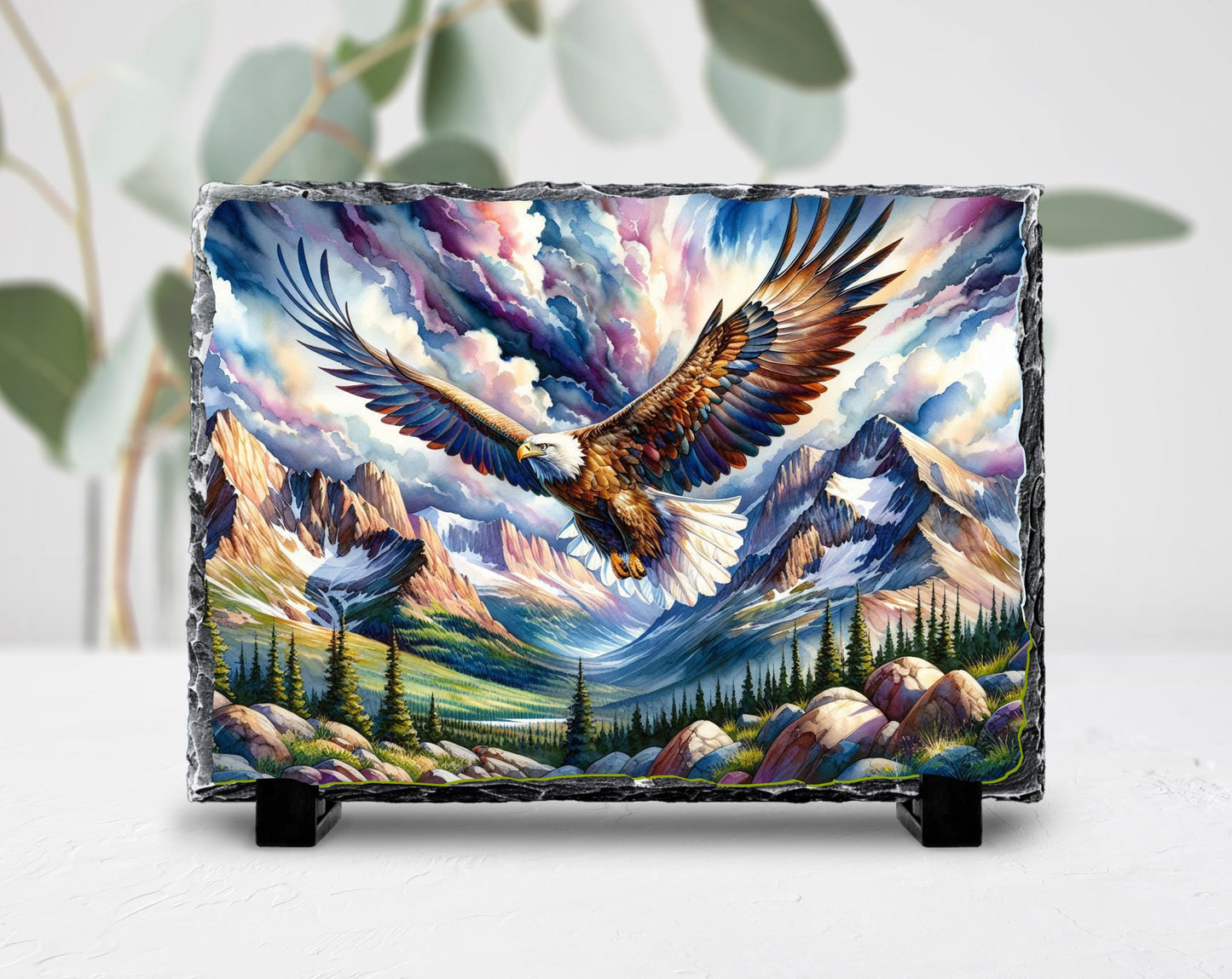 Watercolor Eagle Slate Plaque - Majestic Eagle in Flight Over Mountain Valley Rustic Wildlife Decor