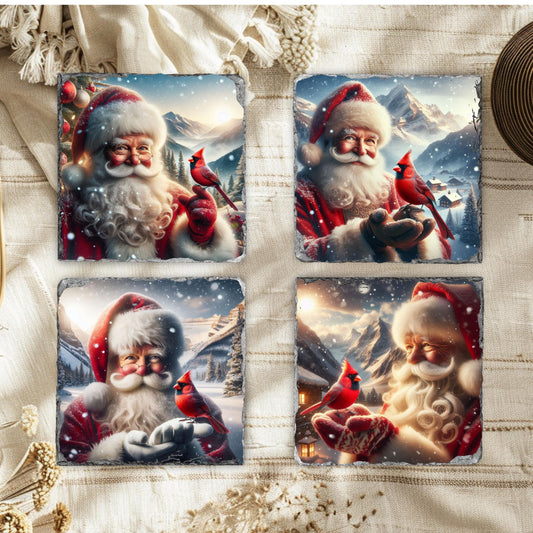 Slate Coaster Set with Santa's Winter Scene and Cardinal - 3.5x3.5 Inches Fractured Edges Includes Black Rack Ideal Holiday Gift