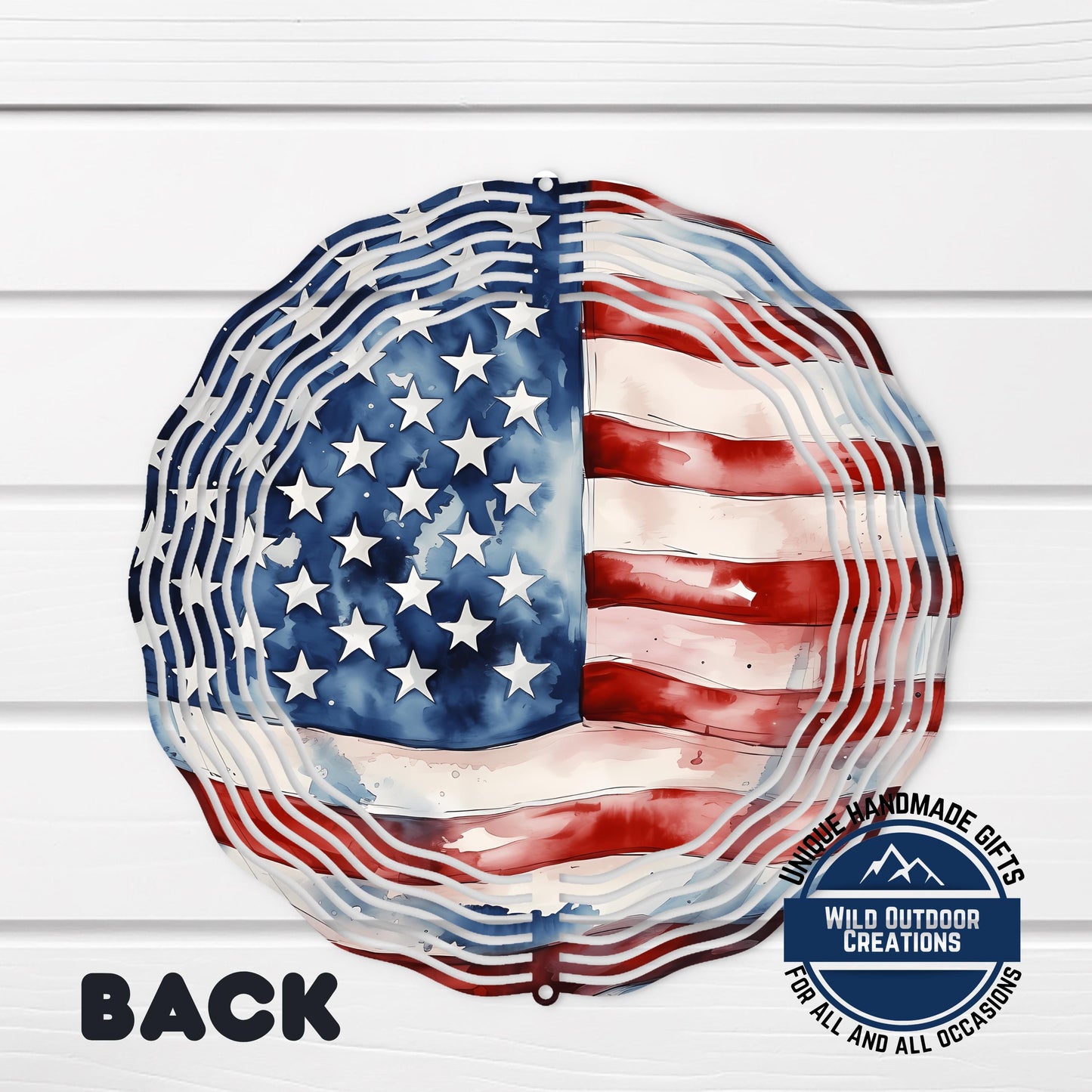 a metal wind chime with an American flag design, including stars and stripes.