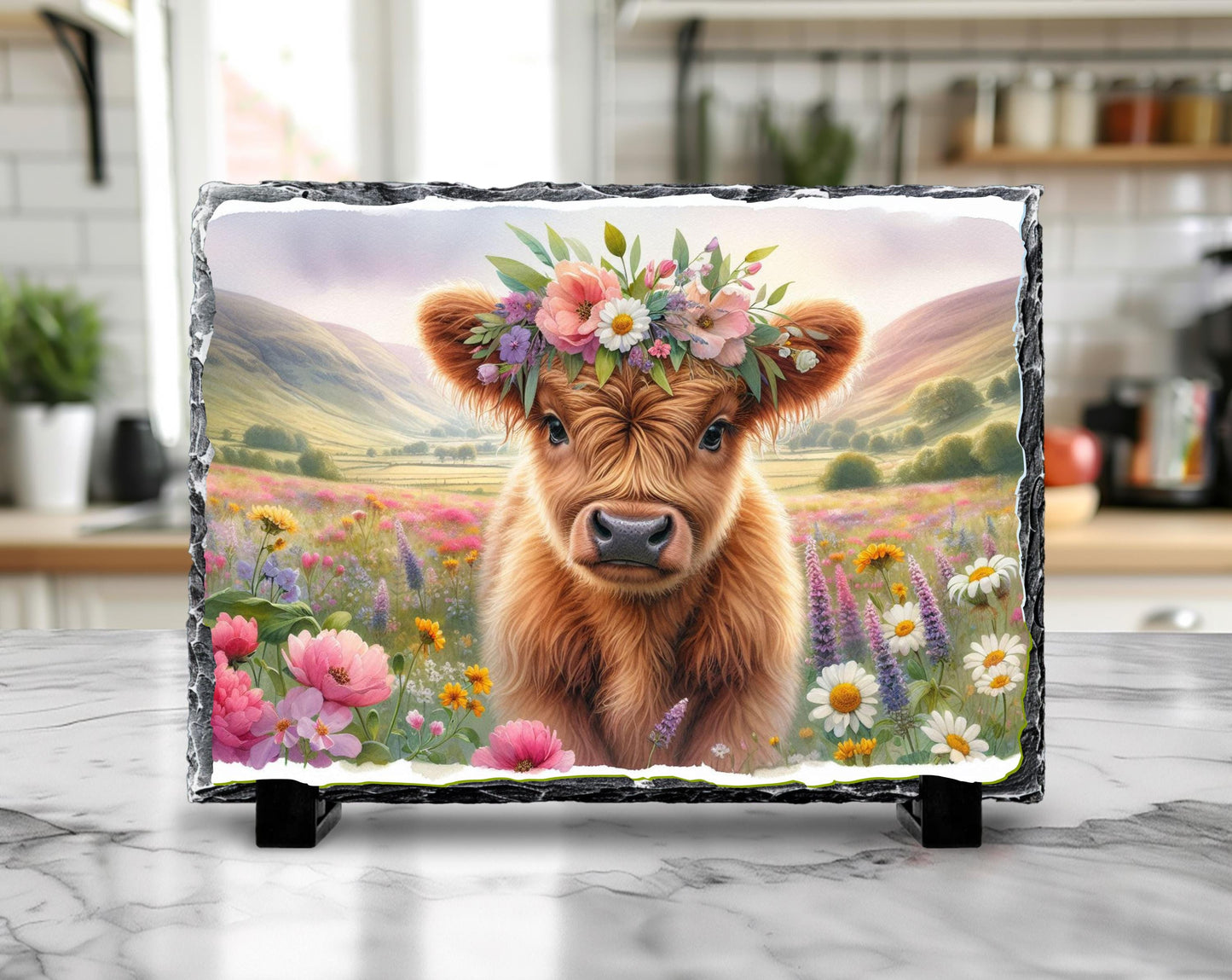 Baby Highland Cow Plaque – Natural Slate Floral Meadow Design, Handmade Slate Art - lifestyle view