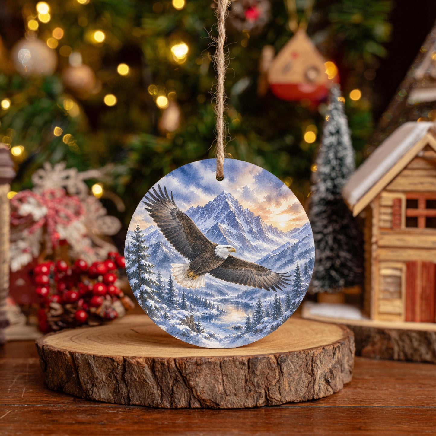 Bald Eagle Ornament, Watercolor Mountains, 3 Inch Ceramic Round