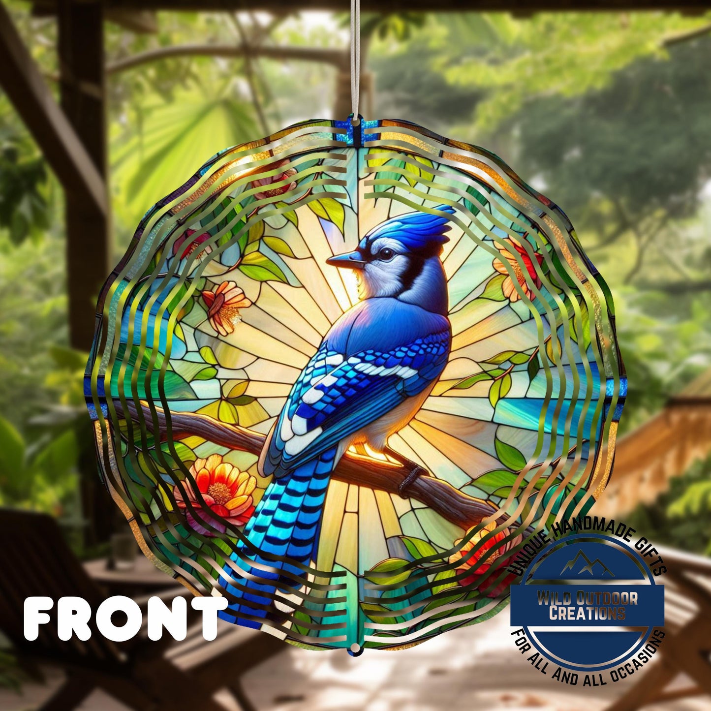 Blue Jay Wind Spinner – 10 Inch Aluminum Garden Spinner with Faux Stained Glass Decor