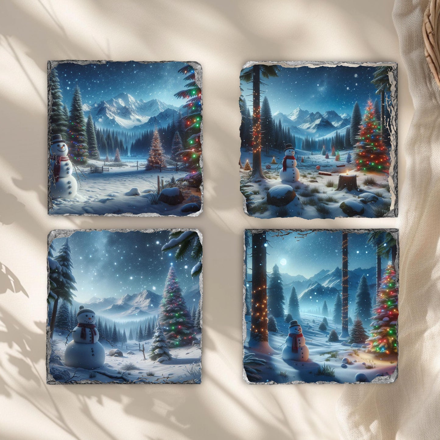 Slate Coaster Set with Festive Snowman  Mountain Scene - 4 Sublimation Coasters and Black Storage Rack for Winter Decor Gift