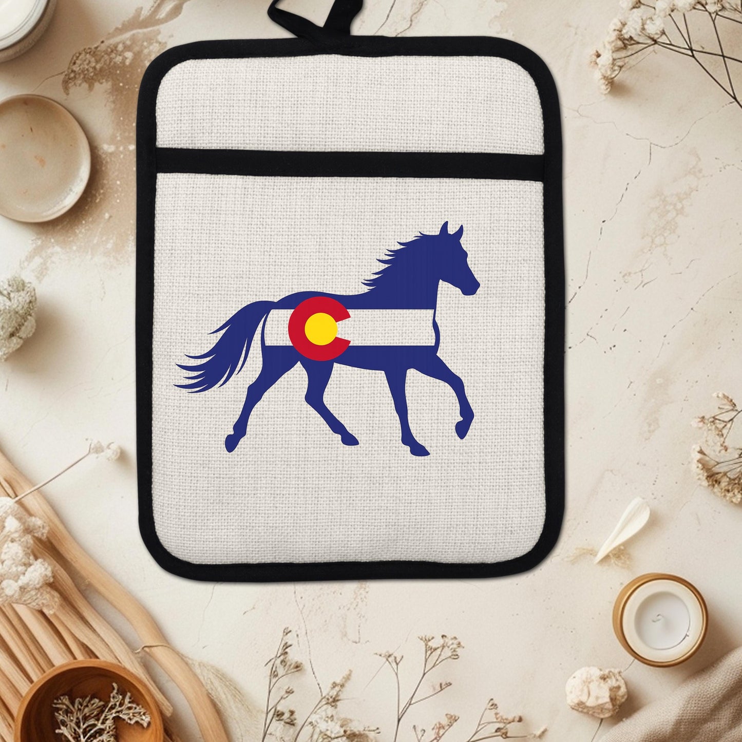 Horse Oven Mitt - Colorado Pot Holder With Silicone Back & Linen Front, Heat Resistant