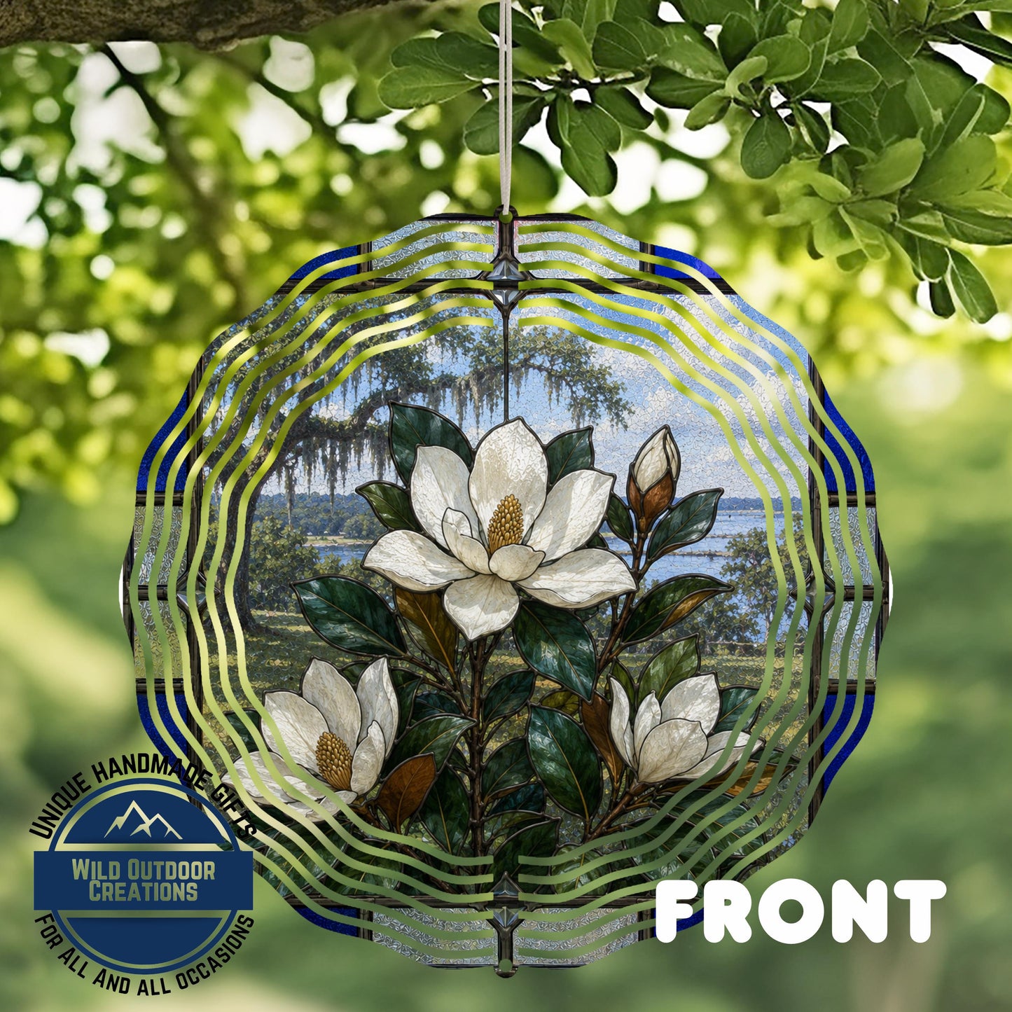 Magnolia Wind Spinner Louisiana State Flower Stained Glass Style Garden Aluminum Outdoor Decor