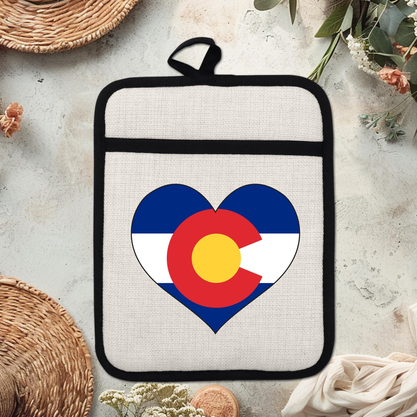 Colorado Heart Pot Holder – Silicone Pot Holder with Linen Front & Heat Resistant Trivet