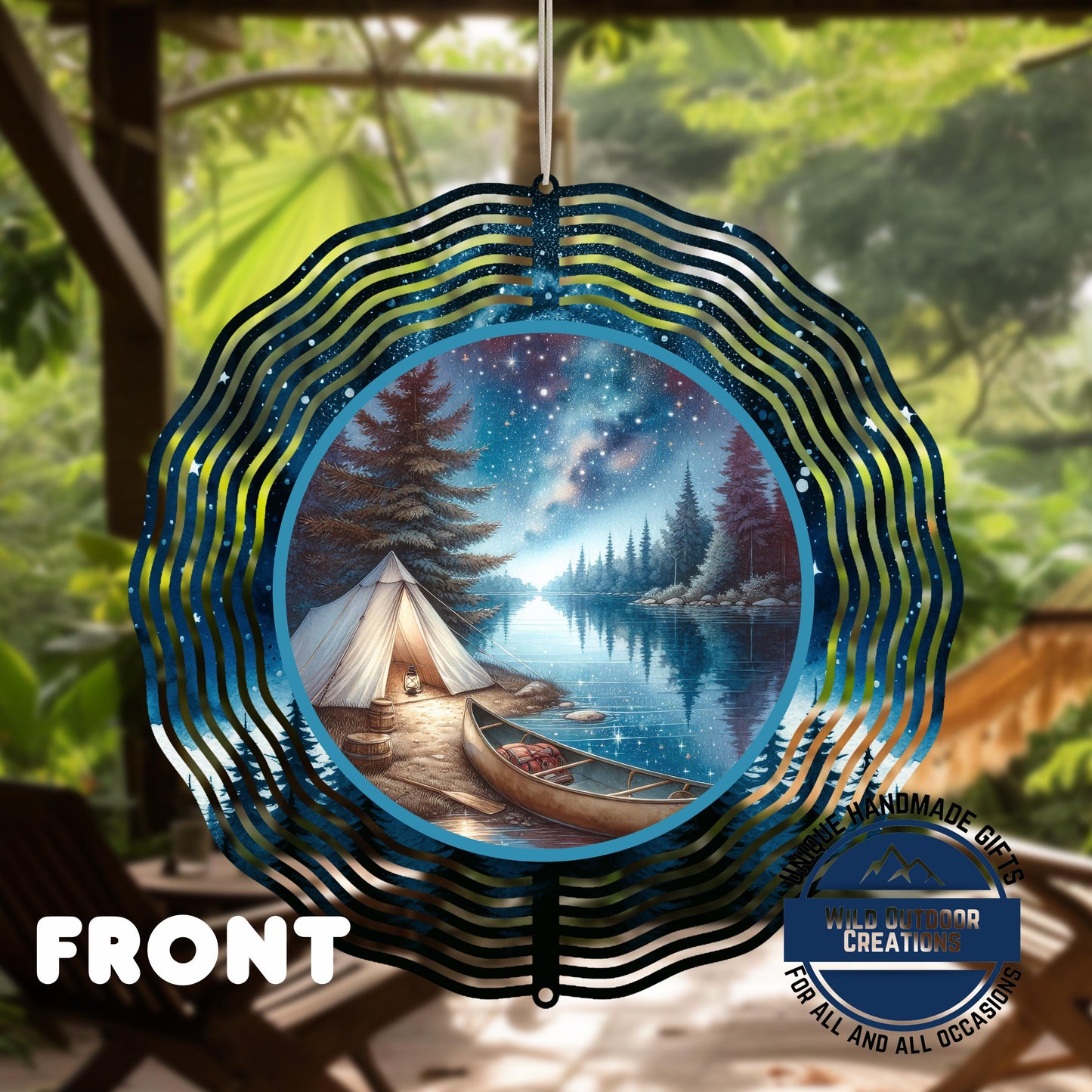 Camping Wind Spinner - Double Sided River Scene, 10 Inch Aluminum Garden Art