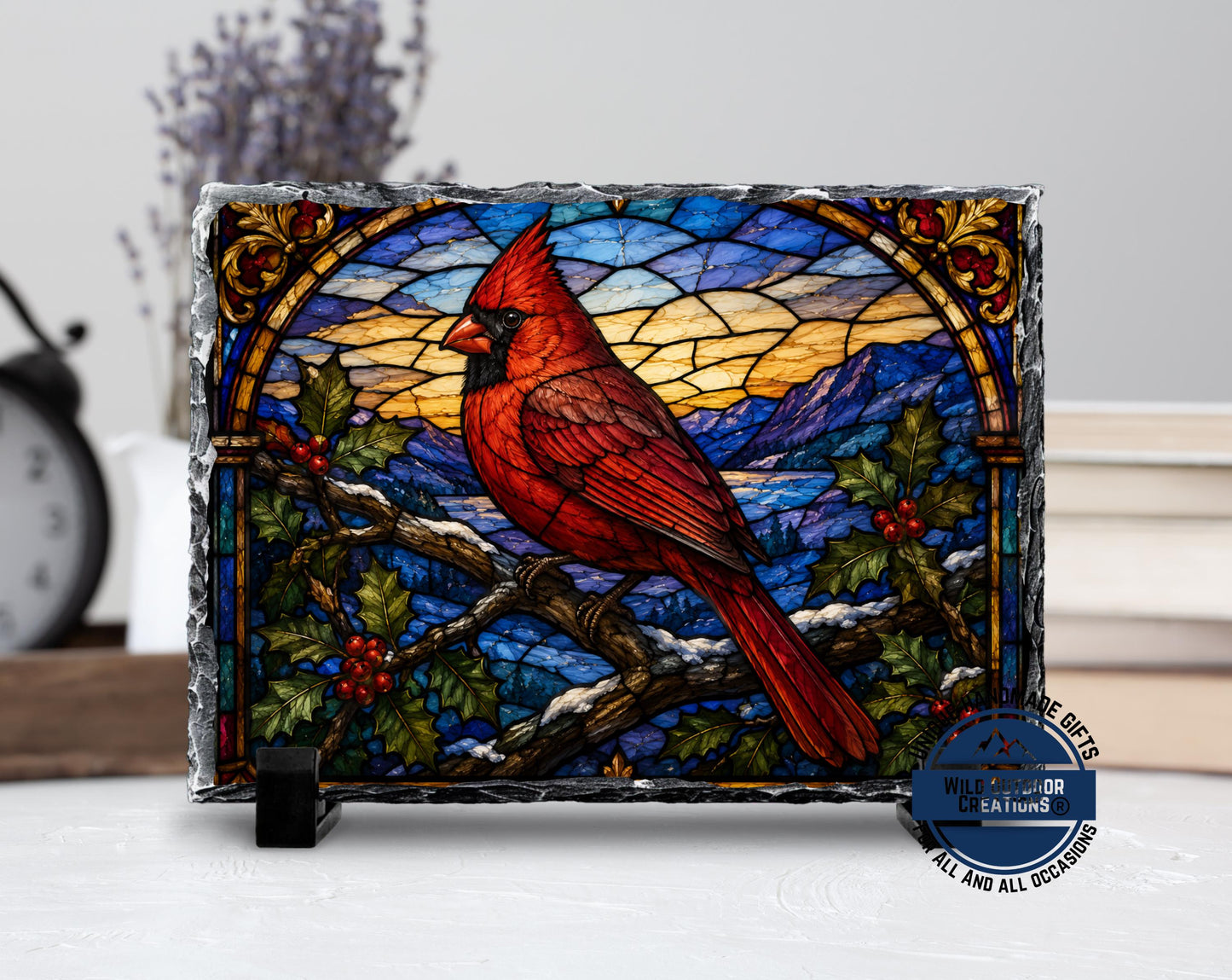 Red Cardinal Faux Stained Glass Slate Plaque, Memorial Bird Decor, Christmas Sympathy Gift