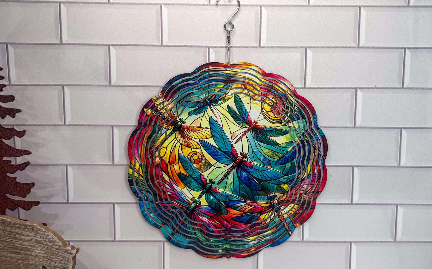Dragonfly Garden Spinner Faux Stained Glass, UV Protected, 10X10