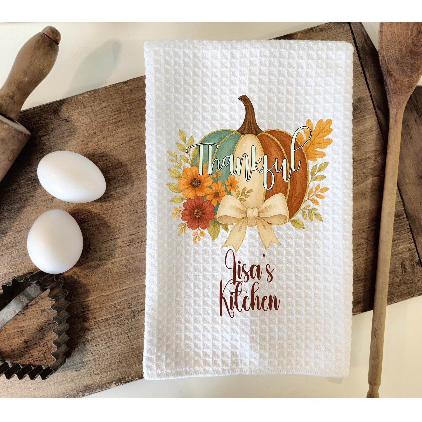 Floral Pumpkin Kitchen Towel with Waffle Weave  Coquette Bow for Thanksgiving Decor