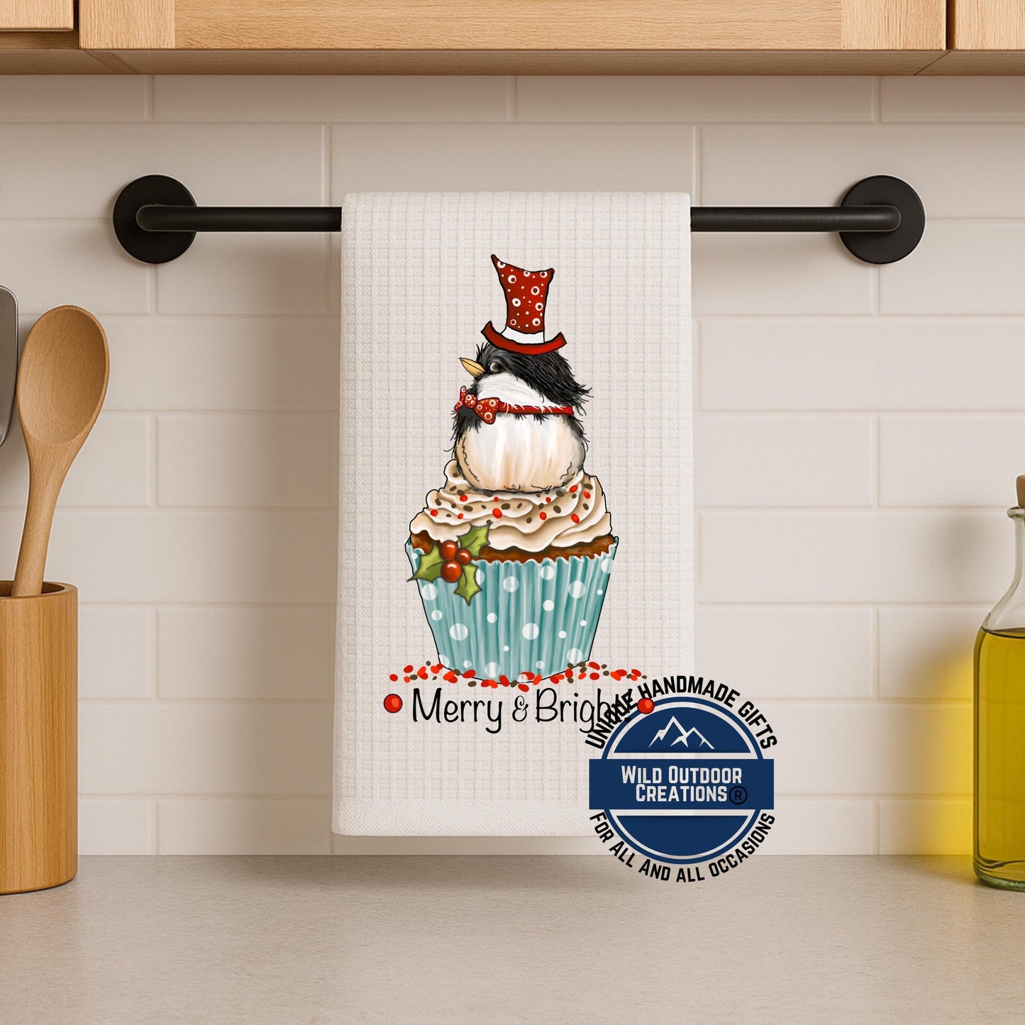Chickadee Cupcake Christmas Kitchen Towel Merry Bright Bird Waffle Weave Holiday Decor Gift