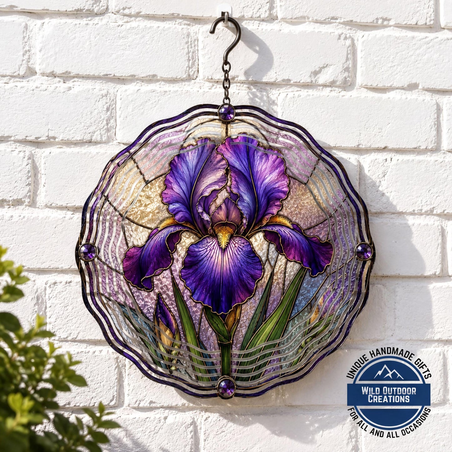February Birth Flower Iris Wind Spinner 10 Inch Faux Stained Glass Metal Garden Decor