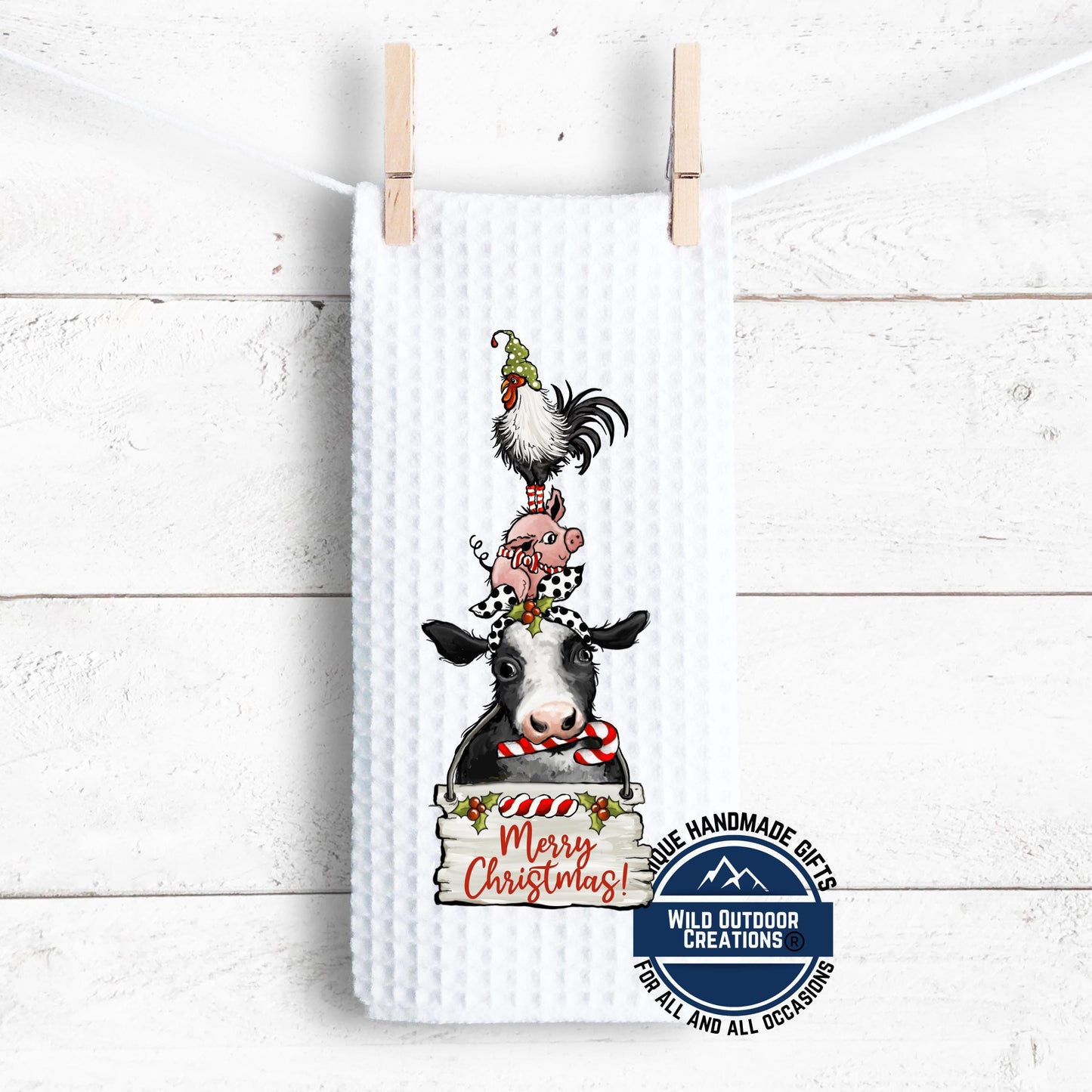 Stacked Farm Animals Merry Christmas Kitchen Towel Cow Pig Rooster Farmhouse Decor Gift