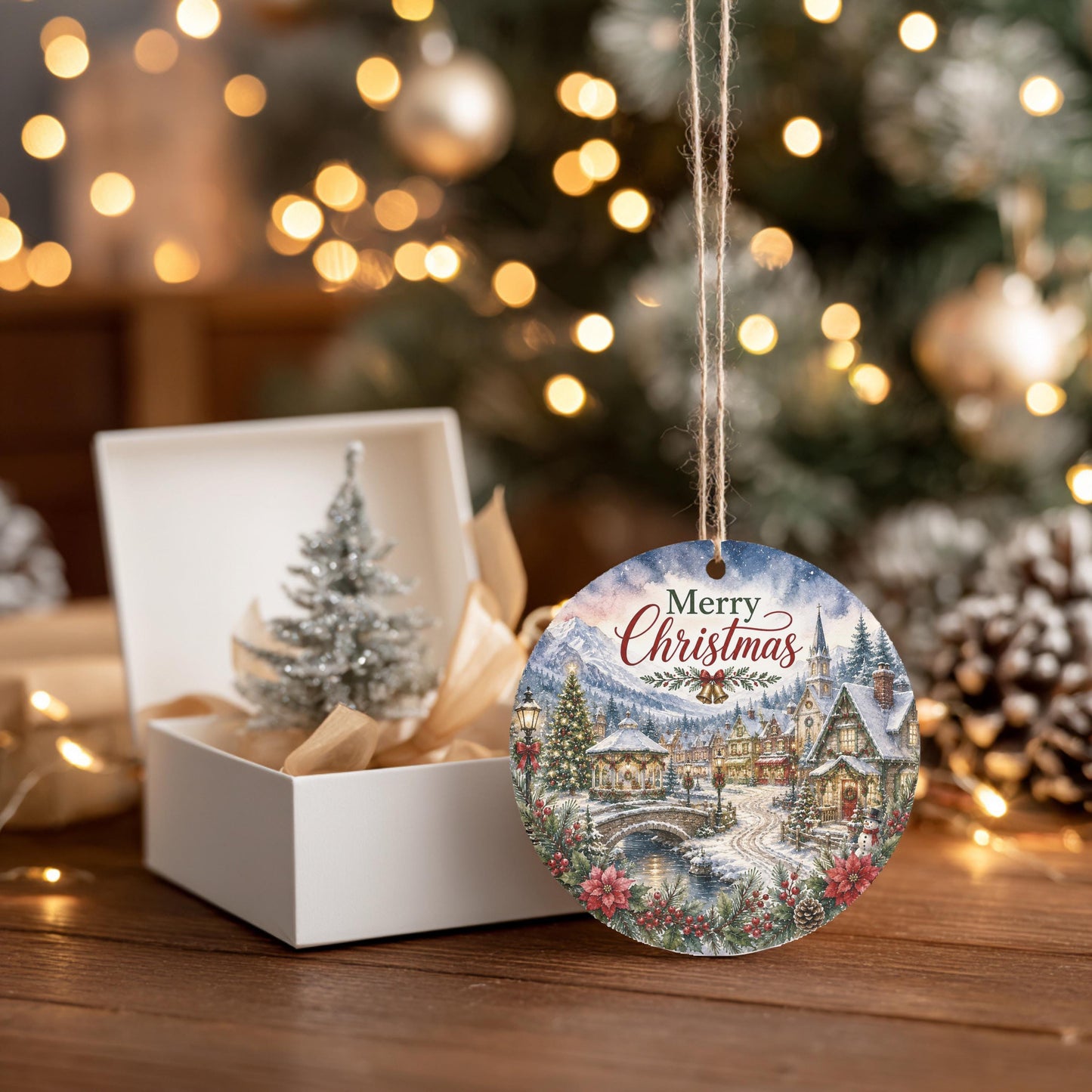 Ceramic Christmas Ornament, Snowy Church Village Scene, 3 Inch Round