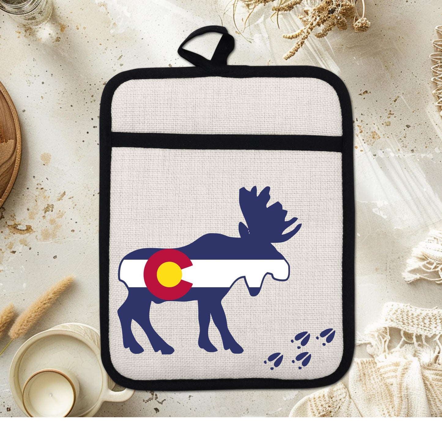 Colorado Moose Pot Holder - Heat Resistant Trivet with Silicone Back & Linen Fabric Front
