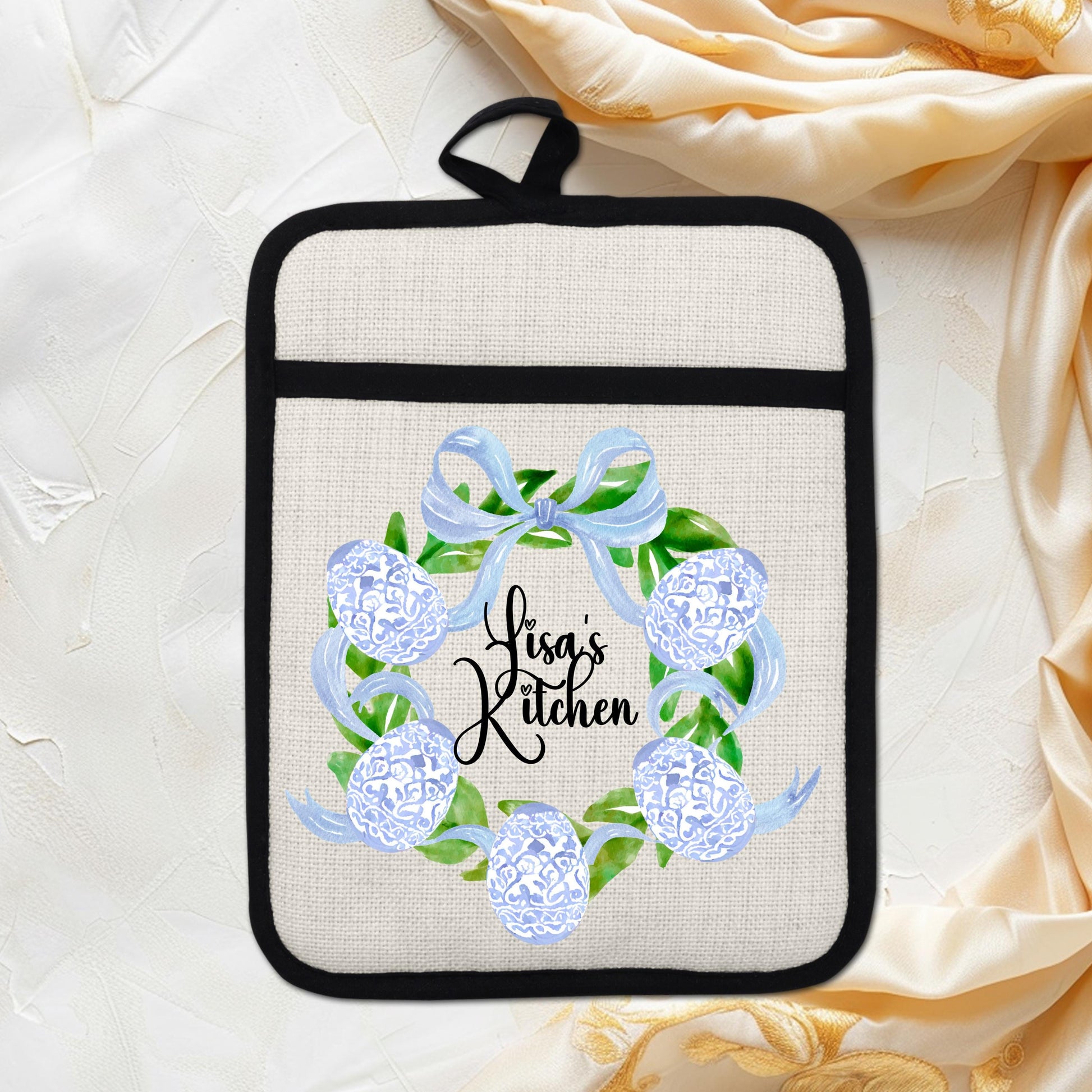 Personalized Easter Wreath | Non-Slip Pot Holder, Blue & White Chinoiserie Style Decor Gift - additional angle