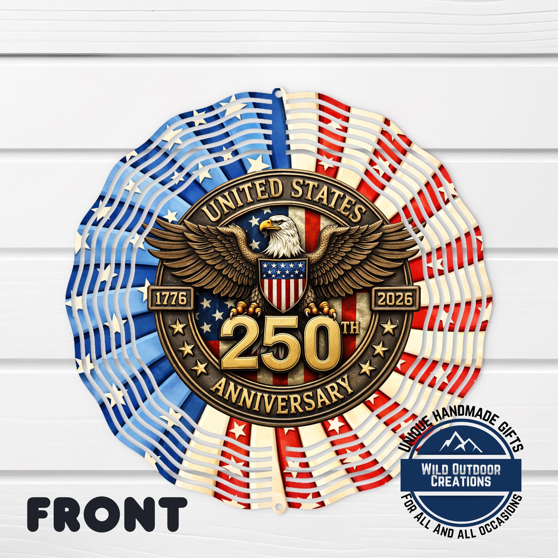 USA 250th Anniversary Wind Spinner – Patriotic Garden Decor With Bald Eagle - shown spinning in outdoor garden setting