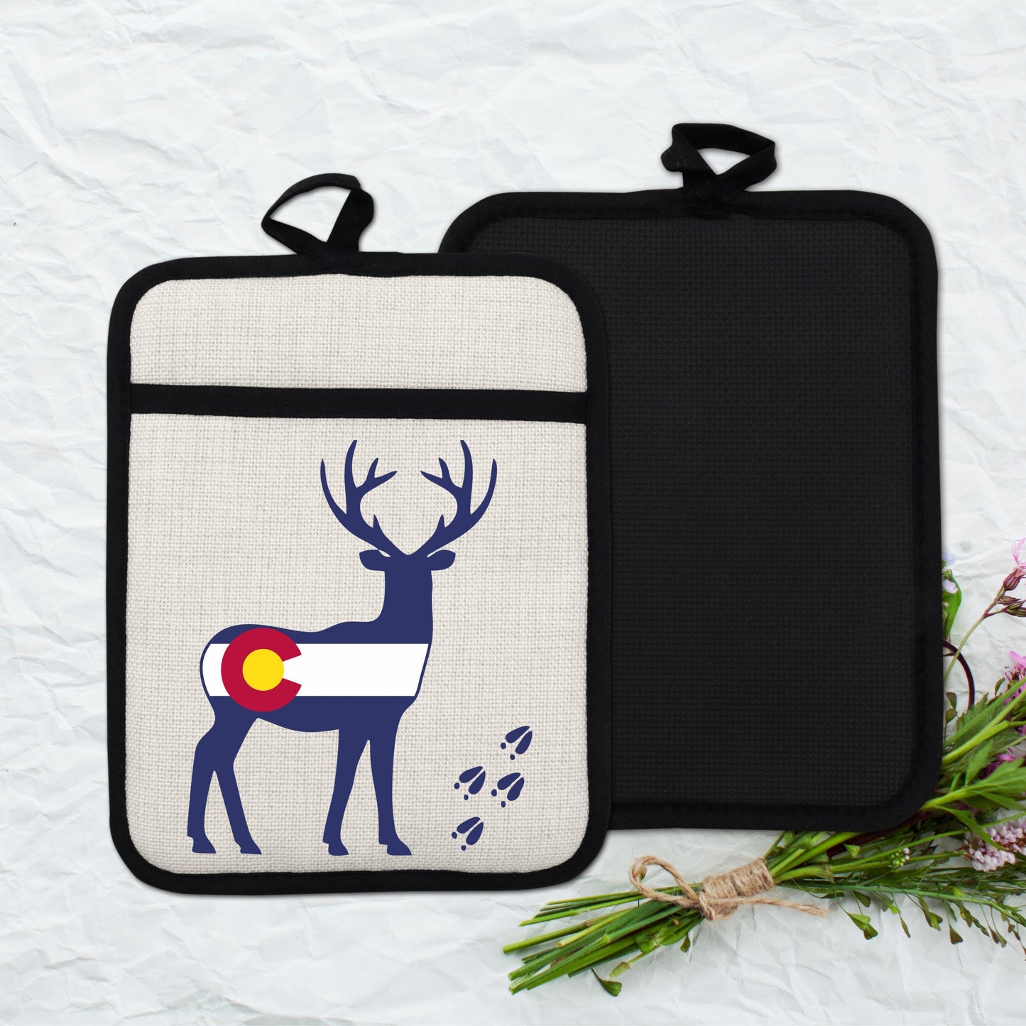 Colorado Deer Pot Holder - Linen Fabric, Silicone Back Trivet with Pocket Grip