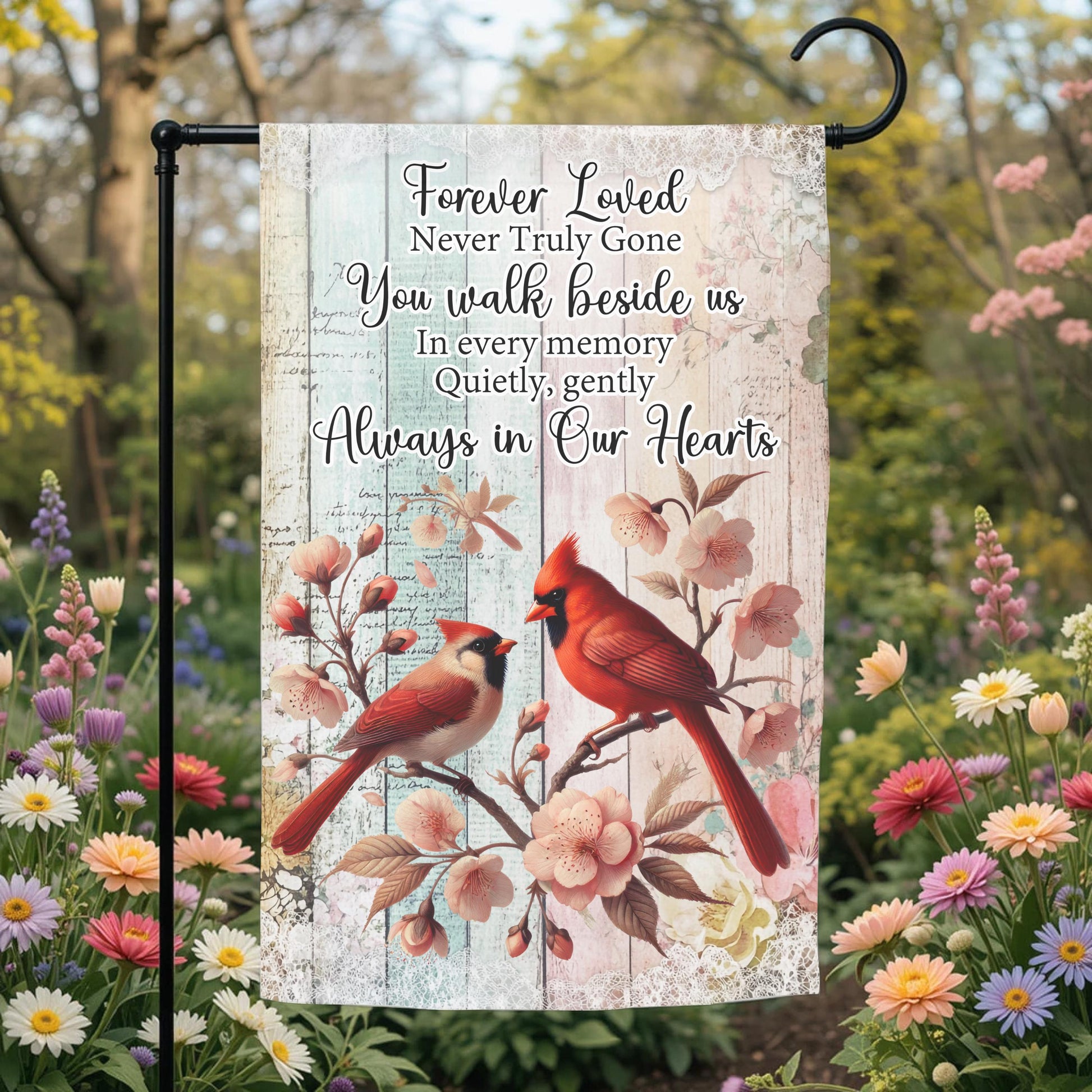 Memorial Garden Flag - Forever Loved Cardinal Tribute, Double Sided, Weather Resistant 12x18 - garden display