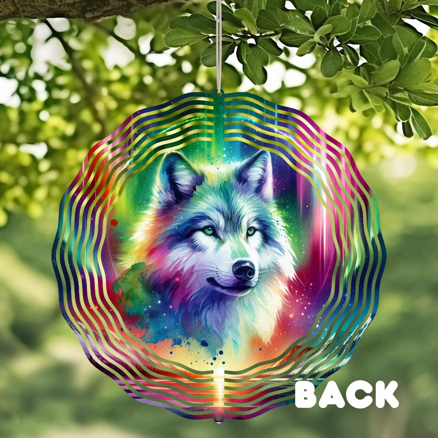 Wolf Sunset Wind Spinner - Double-Sided 10x10 Watercolor Art with Northern Lights and Mountain Lake Design