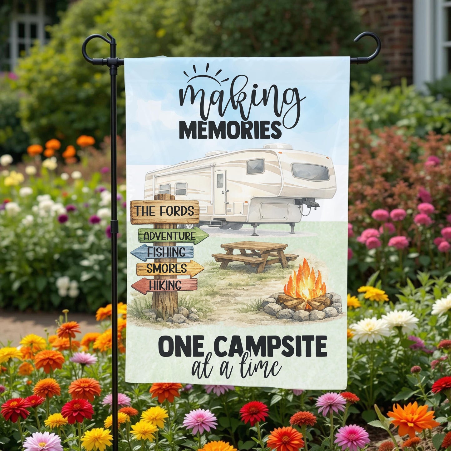 Personalized Camping Flag - Custom 5th Wheel Garden Flag 12x18 Weather Resistant - front and back