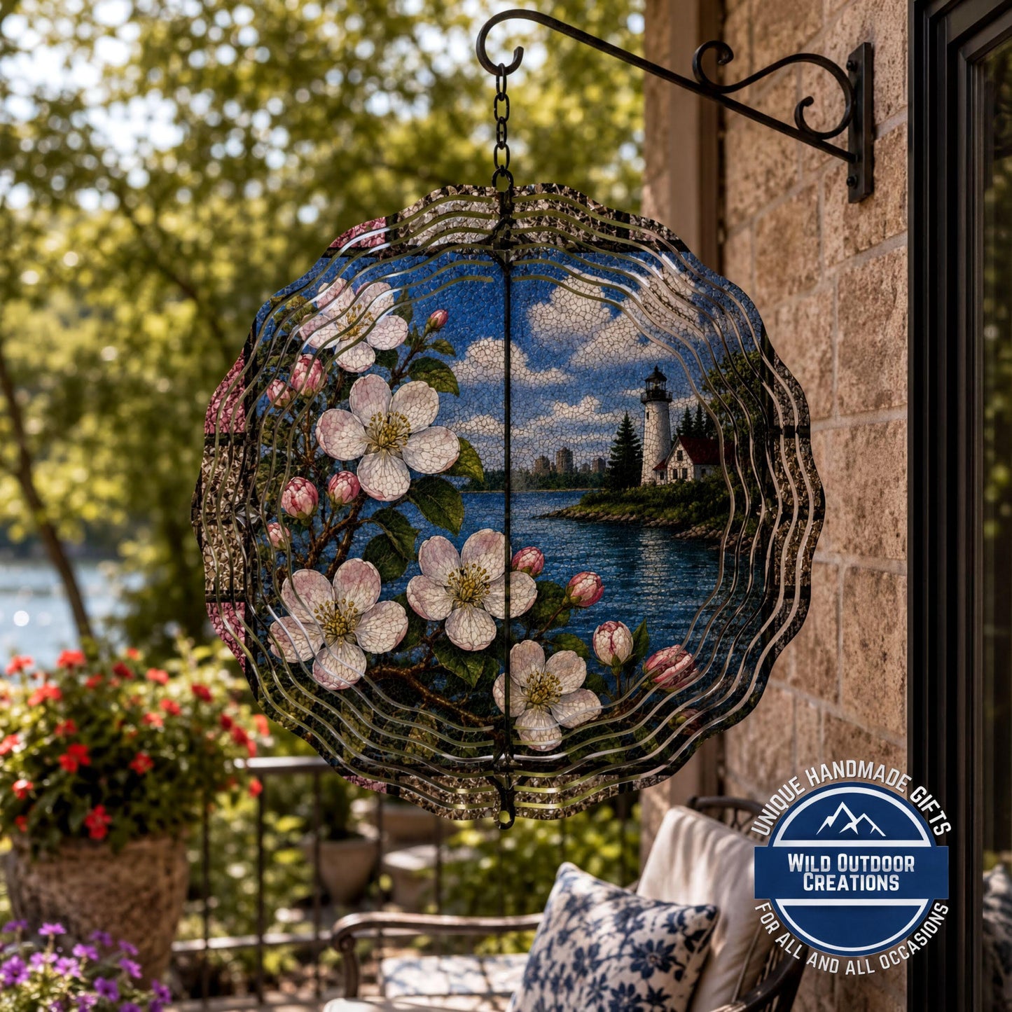 Michigan State Flower Apple Blossom Wind Spinner Stained Glass Look Lighthouse Decor 10 Inch