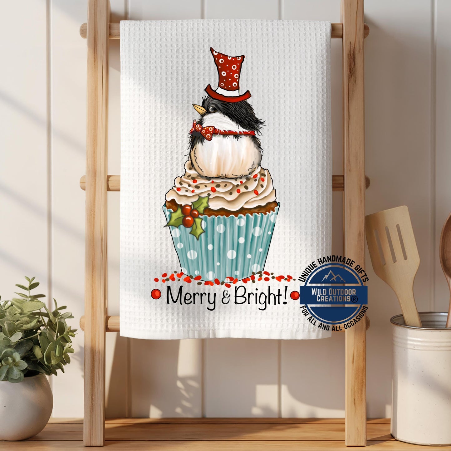 Chickadee Cupcake Christmas Kitchen Towel Merry Bright Bird Waffle Weave Holiday Decor Gift
