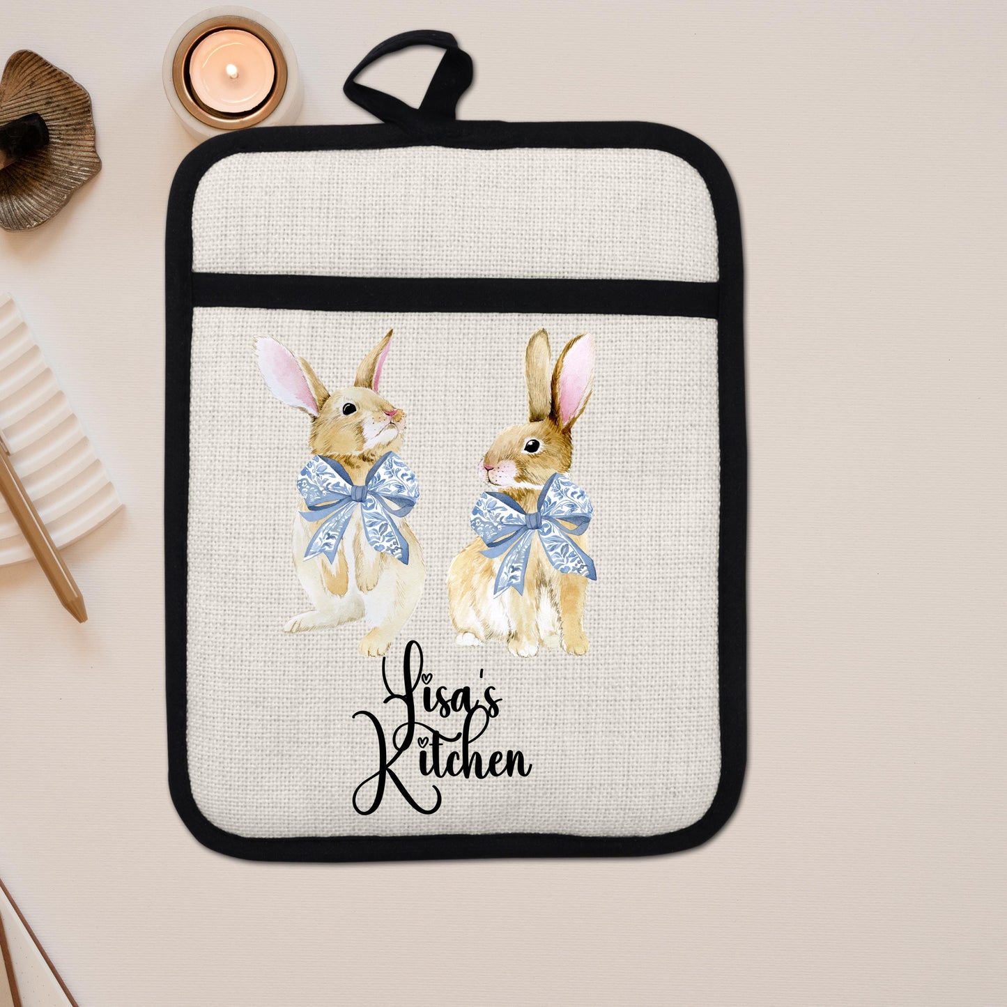 Personalized Easter Pot Holder - Custom Bunny Kitchen Gift with Chinoiserie Blue Design - additional product photo 14