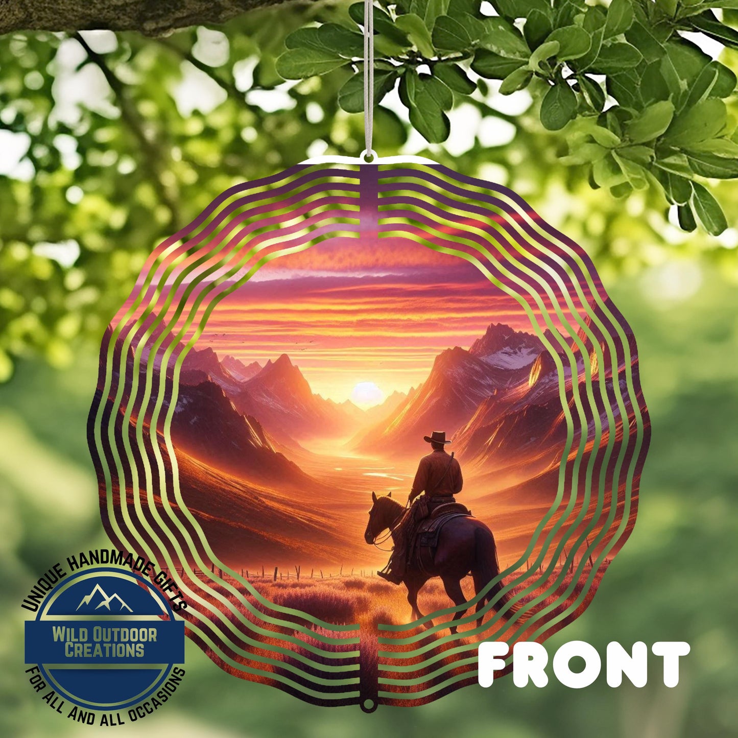 Cowboy Wind Spinner – Horse Sunset Scene | Outdoor Ranch Decor, 10 Inch