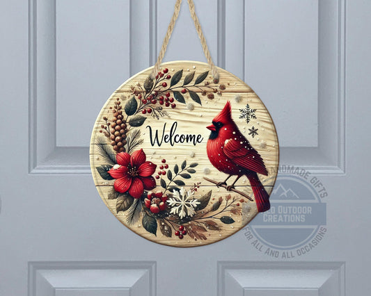 Cardinal Door Hanger - Winter Floral Wreath | Lightweight Aluminum Holiday Porch Sign