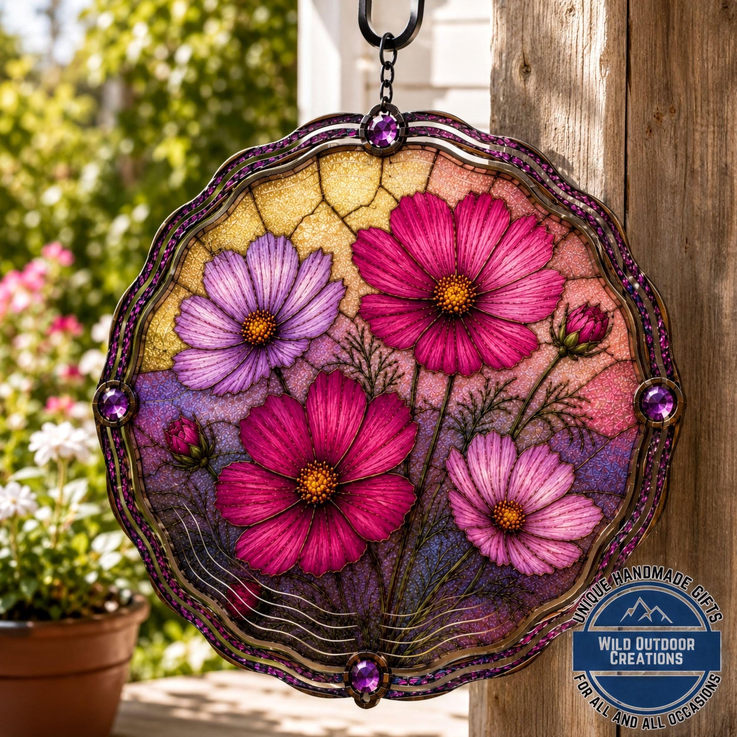 October Birth Flower Wind Spinner Cosmos Faux Stained Glass Garden Gift Yard Art