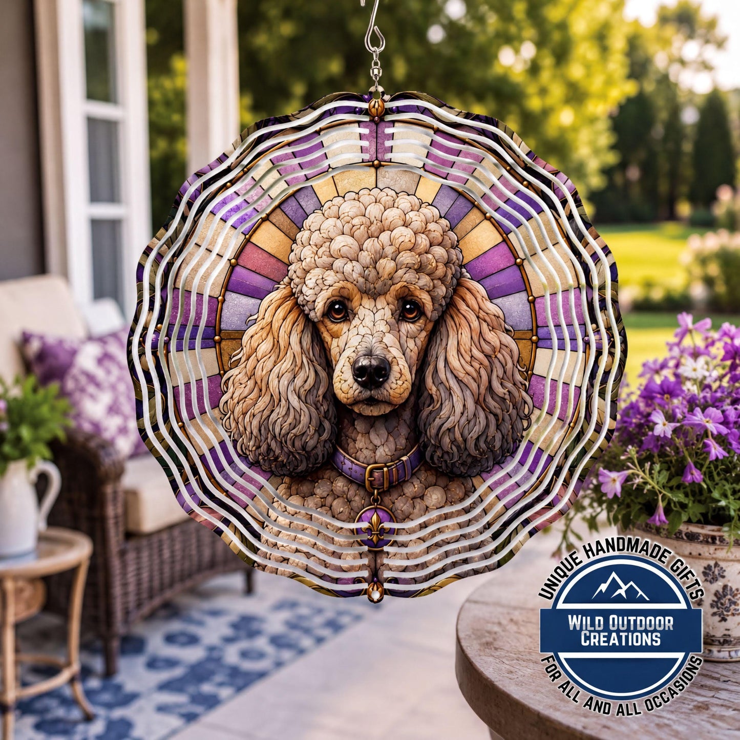 Faux Stained Glass Poodle Wind Spinner Dog Lover Gift Garden Outdoor Decor