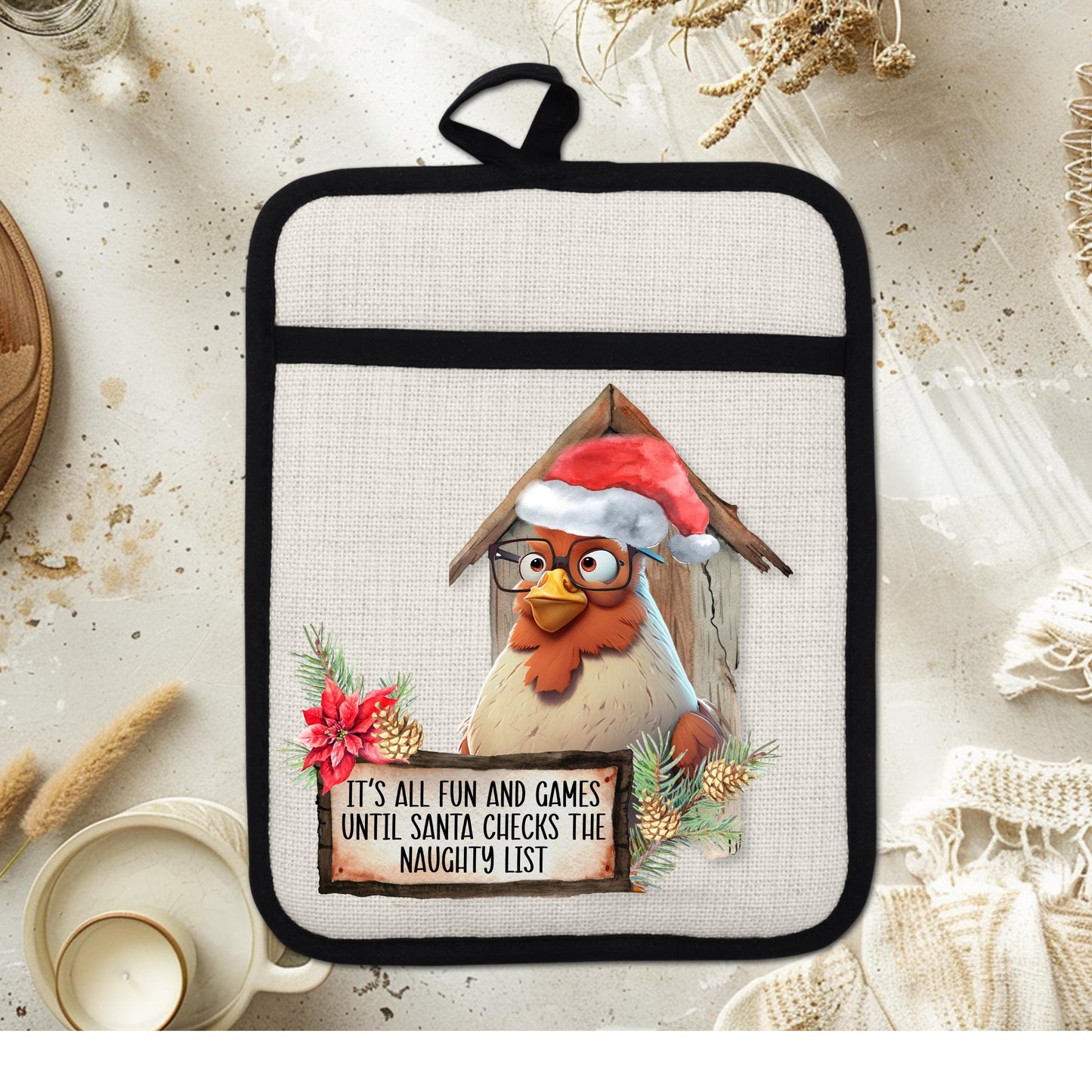 Funny Chicken Christmas Pot Holder with Naughty List Quote  Santa Hat - Rustic Linen Hot Pad for Festive Kitchen Decor