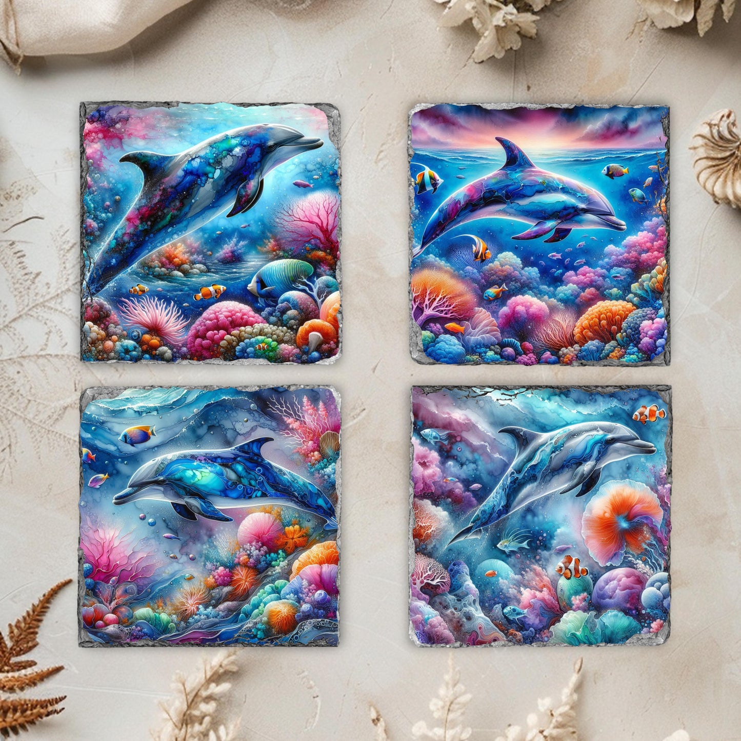 Dolphin Slate Coaster Set with Rack - Ocean-Themed Drink Coasters for Beach House Decor  Gifts