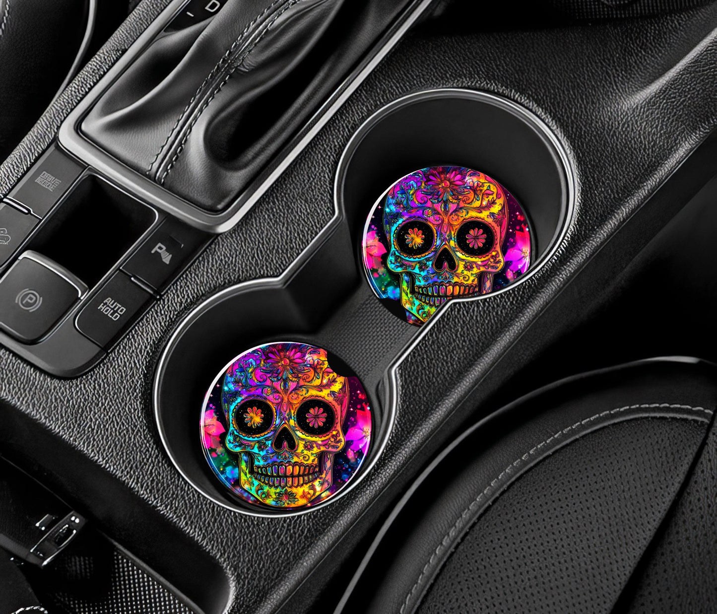Rainbow Sugar Skull Car Coaster - Stylish Sandstone Cup Holder Mat for Vehicle Decor
